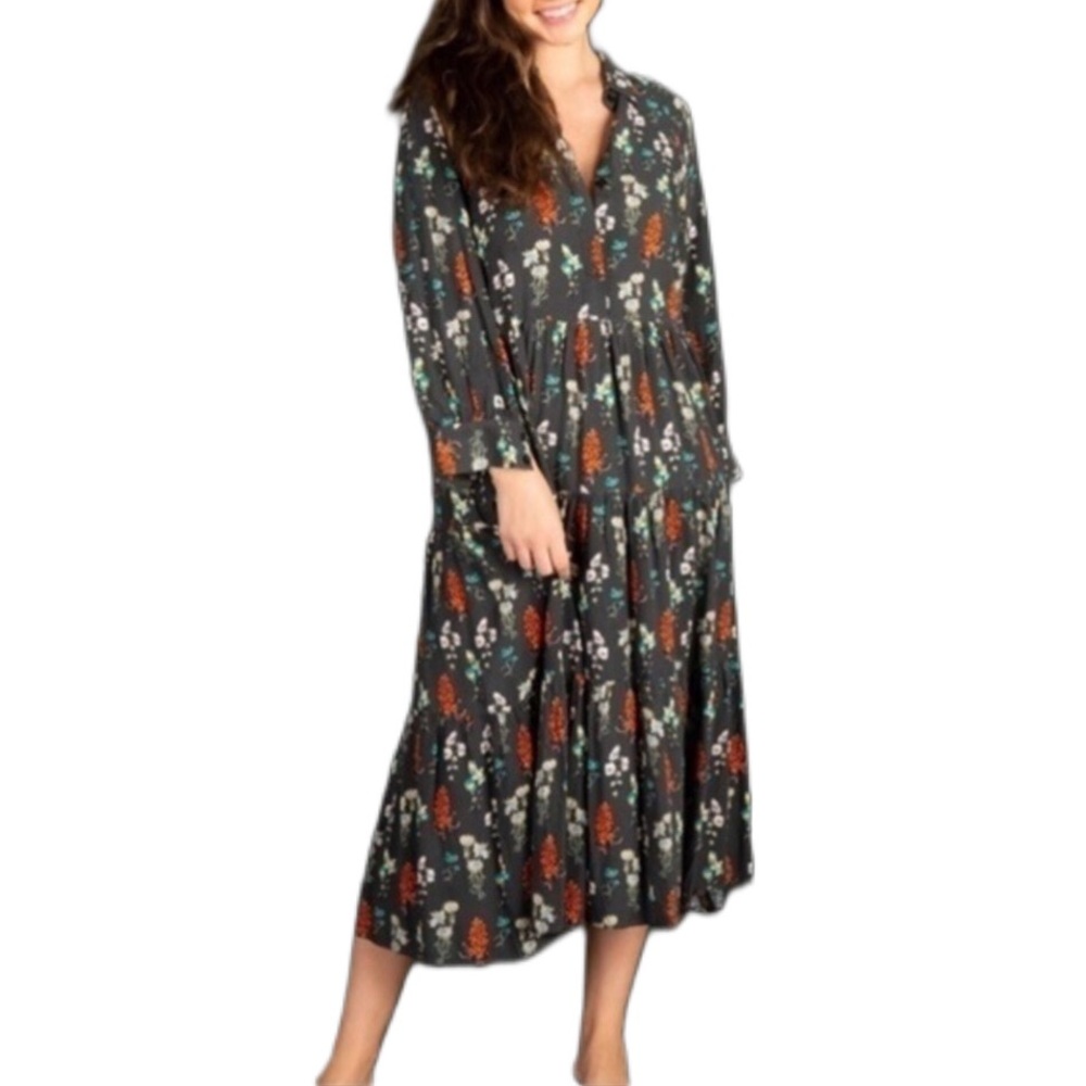 Boho Floral Midi Dress Flowy Long Sleeves Button Down Bohemian Dress BRAND NEW